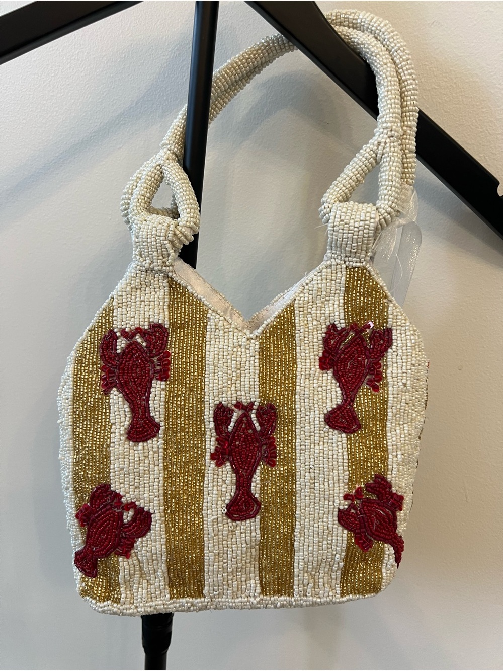 NWT Viral Beaded Mini Bag in White & Gold with Red Lobsters. Hand made in India